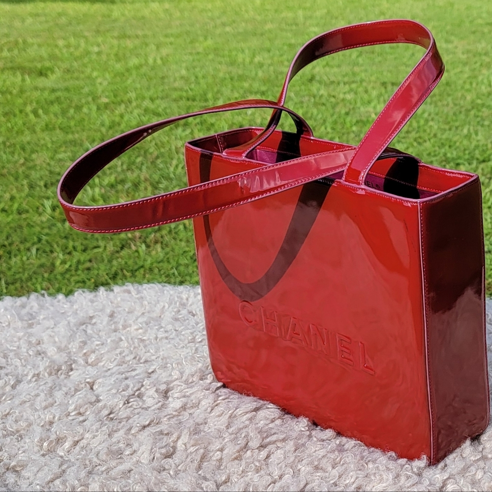 *SOLD*  CHANEL Burgundy/ Red Enamel Embossed Logo Tote